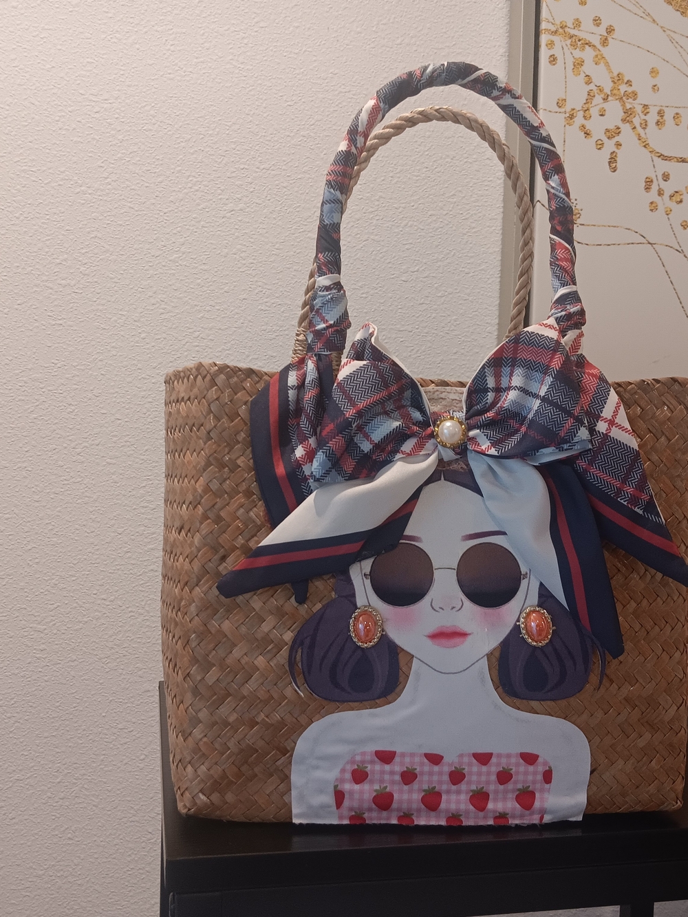 & Other Stories Straw Tote with Plaid Bow and Graphic Girl